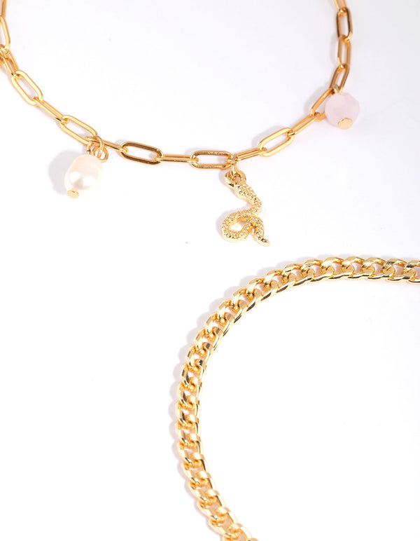 Gold Plated Bracelet Set with Rose Quartz Charms
