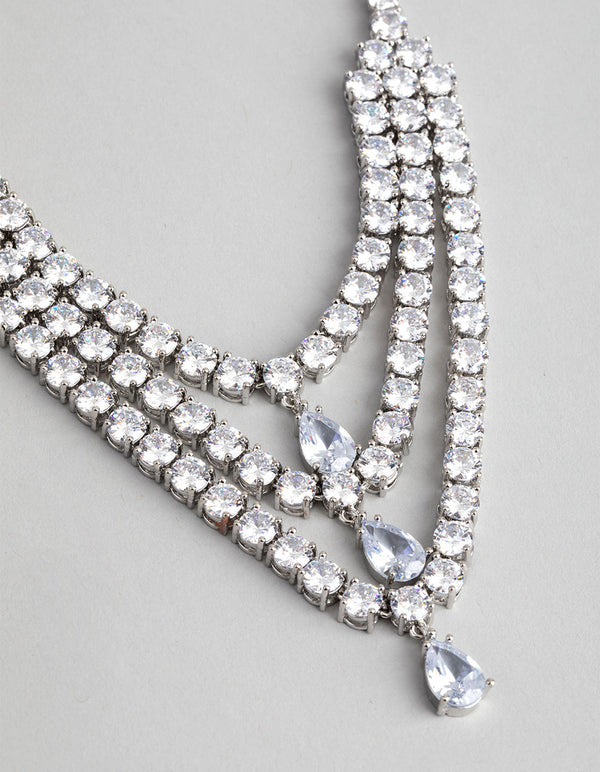 Silver Cubic Zirconia Layered Statement Necklace