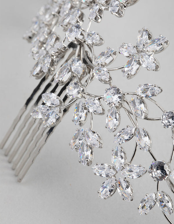 Rhodium Cubic Zirconia Flower Garden Comb