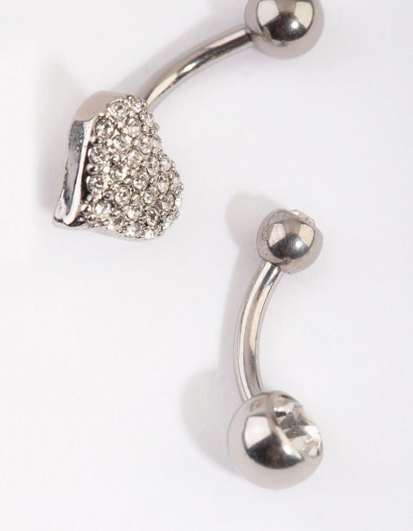 Rhodium Heart and Diamante Belly Ring Set