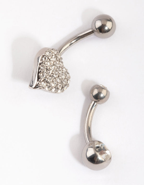 Rhodium Heart and Diamante Belly Ring Set