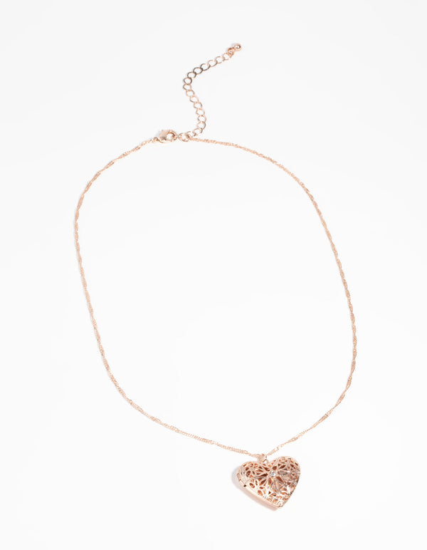 Rose Gold Diamante Heart Locket Necklace