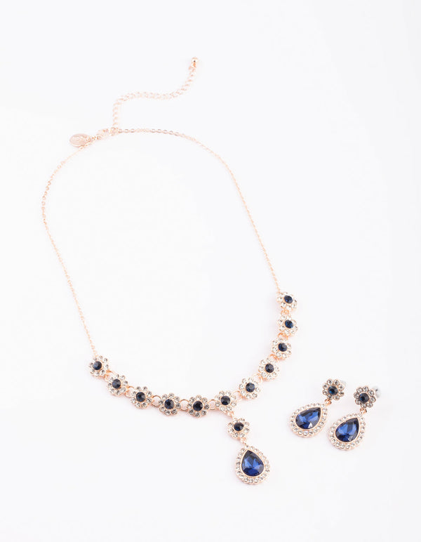 Rose Gold Diamante Flower Necklace and Earrings Set