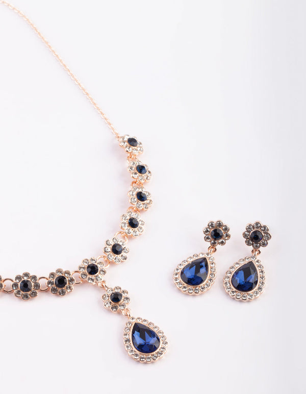Rose Gold Diamante Flower Necklace and Earrings Set