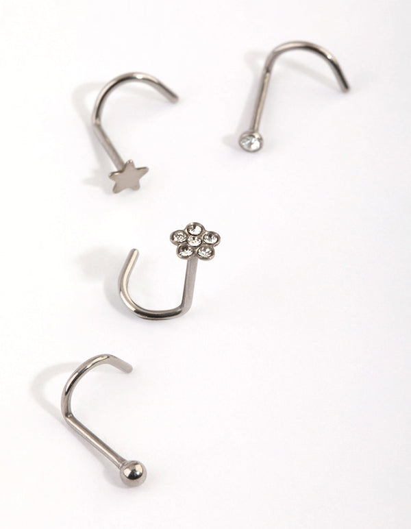 Titanium Star and Flower Nose Stud Pack