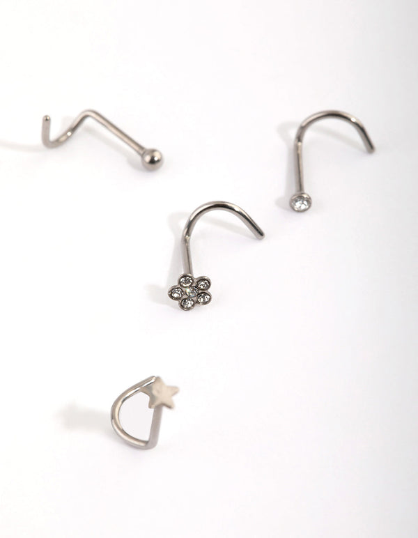 Titanium Star and Flower Nose Stud Pack