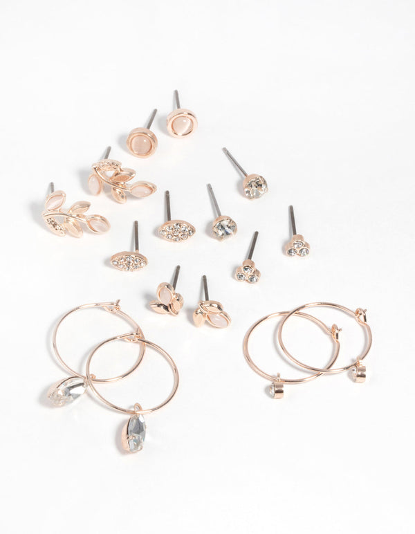 Rose Gold Diamante and Leaf Stud Earring Pack