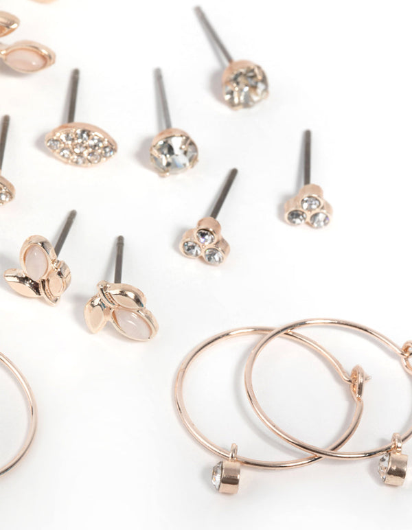 Rose Gold Diamante and Leaf Stud Earring Pack
