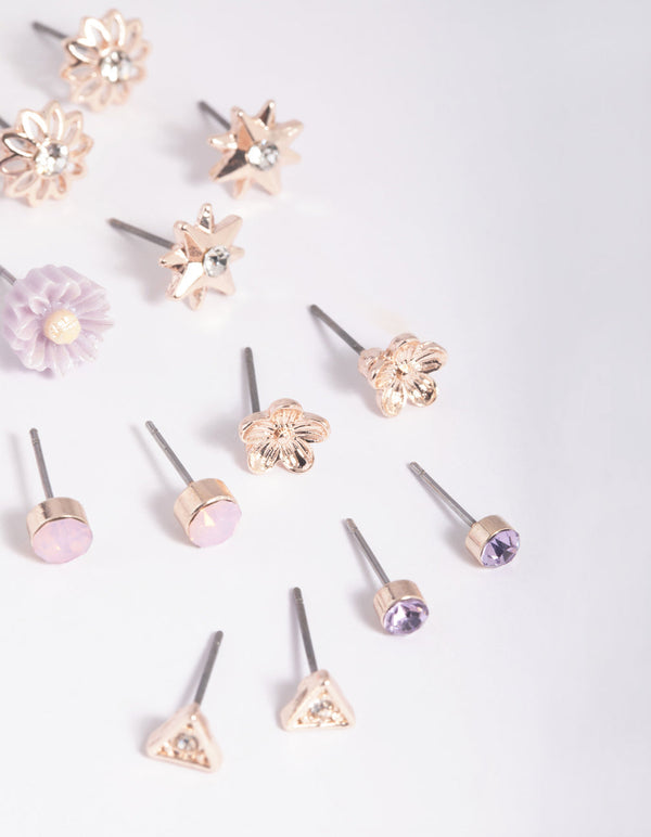 Rose Gold Triangle and Flower Stud Earring Pack