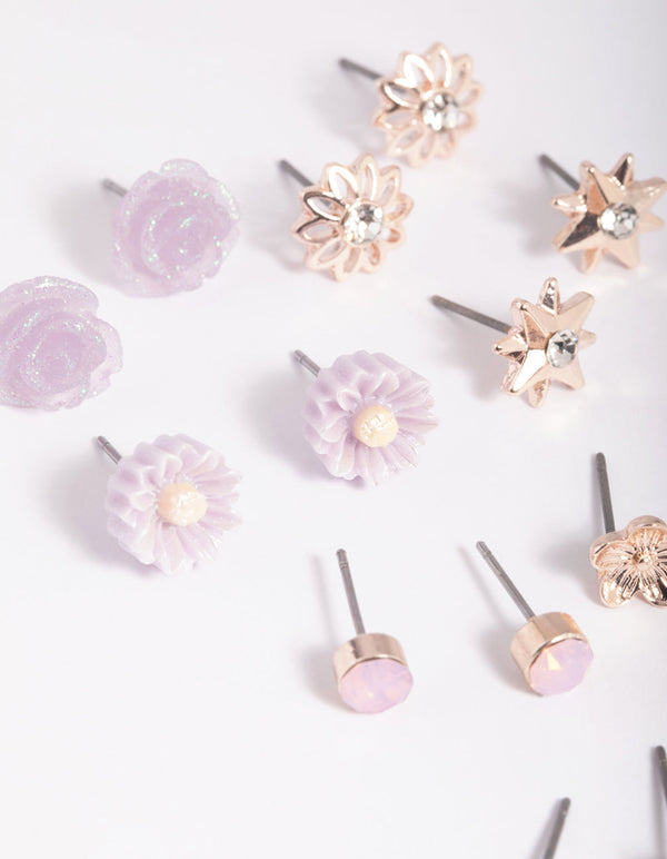Rose Gold Triangle and Flower Stud Earring Pack
