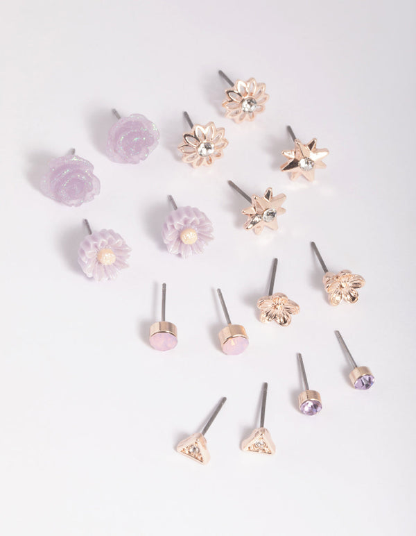 Rose Gold Triangle and Flower Stud Earring Pack