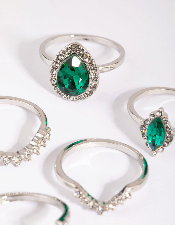 Rhodium Green Diamante Ring Pack