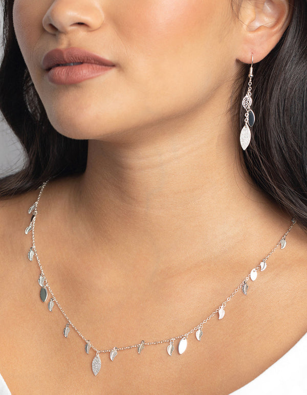 Silver Glitter Leaf Necklace and Earrings Set