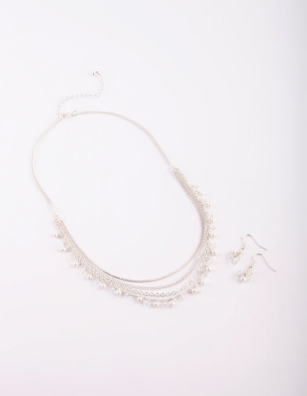 Silver Pearl Necklace and Earrings Set