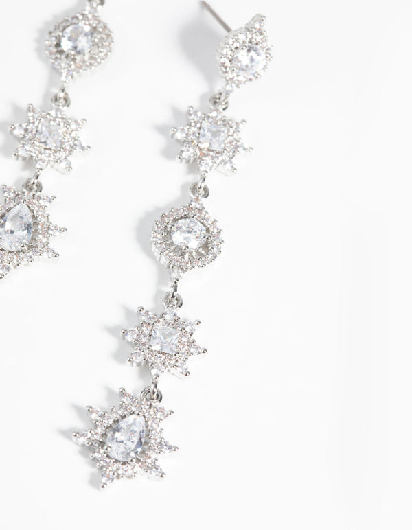 Rhodium Diamond Simulant Decorative Drop Earrings