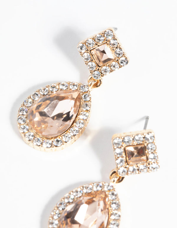 Gold Diamond Simulant Oval Drop Earrings