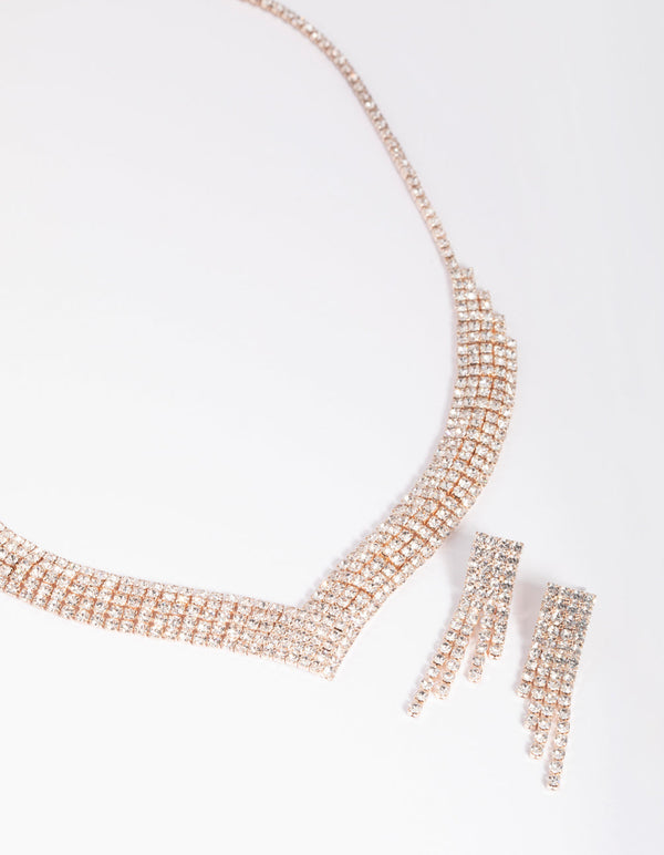 Rose Gold Diamond Simulant Necklace and Earrings Set