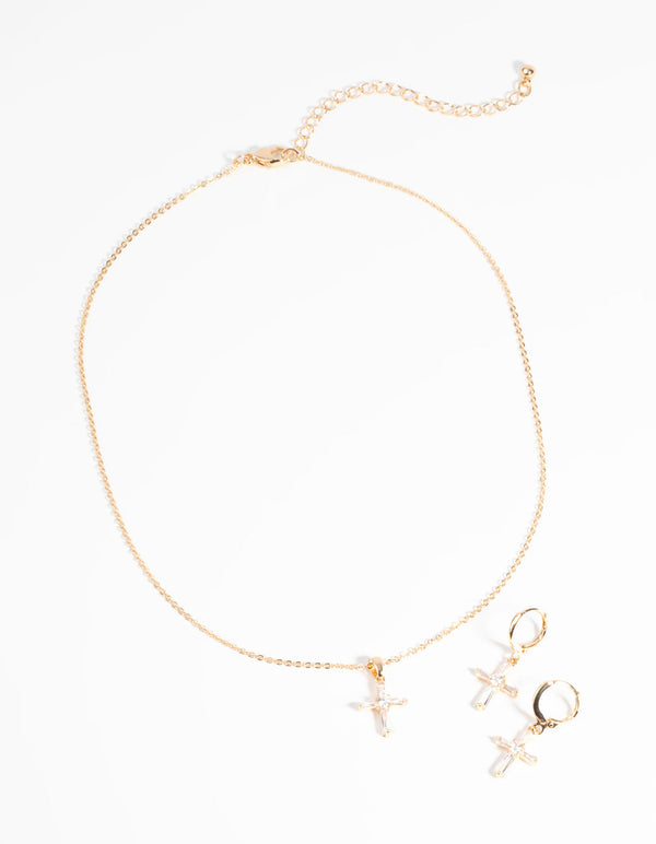 Gold Diamond Simulant Cross Necklace and Earrings Set