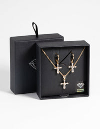 Gold Diamond Simulant Cross Necklace and Earrings Set - link has visual effect only