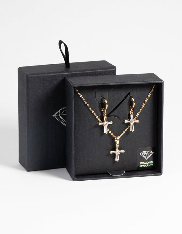 Gold Diamond Simulant Cross Necklace and Earrings Set