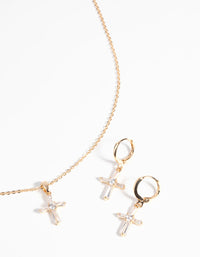 Gold Diamond Simulant Cross Necklace and Earrings Set - link has visual effect only