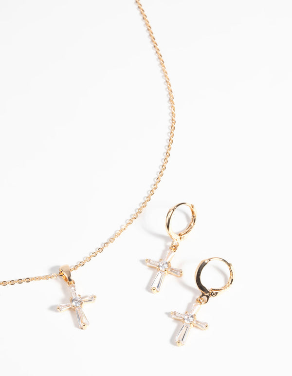 Gold Diamond Simulant Cross Necklace and Earrings Set