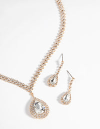 Gold Diamond Simulant Teardrop Necklace and Earrings Set - link has visual effect only