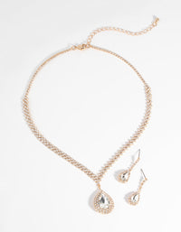 Gold Diamond Simulant Teardrop Necklace and Earrings Set - link has visual effect only