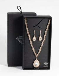 Gold Diamond Simulant Teardrop Necklace and Earrings Set - link has visual effect only