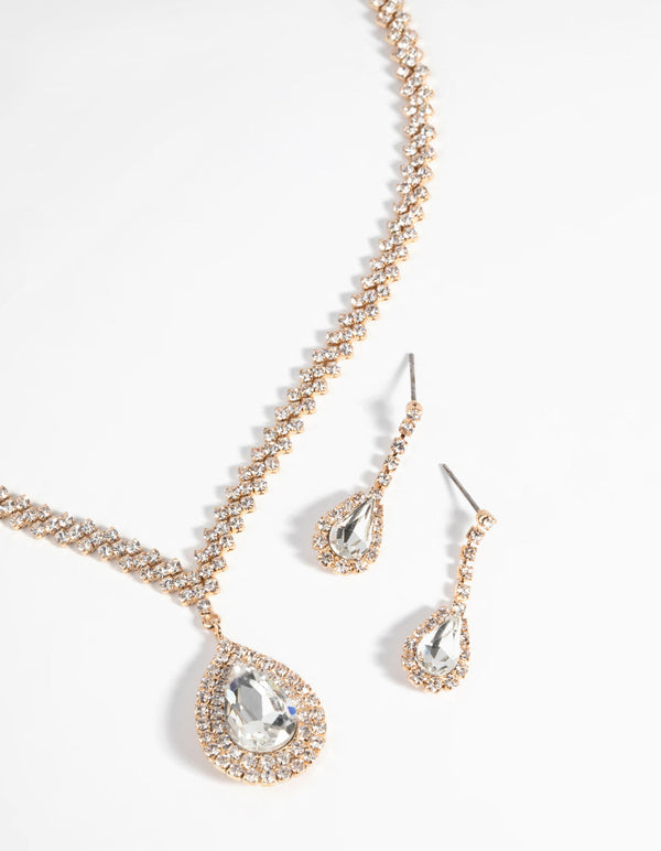 Gold Diamond Simulant Teardrop Necklace and Earrings Set