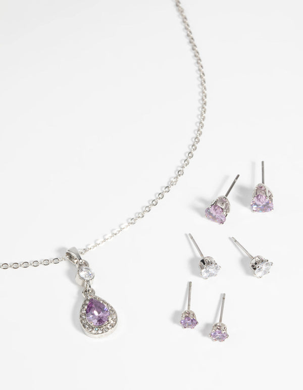 Purple Diamond Simulant Teardrop Necklace and Earrings Set