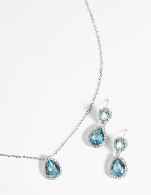 Rhodium Diamond Simulant Necklace and Earrings Set