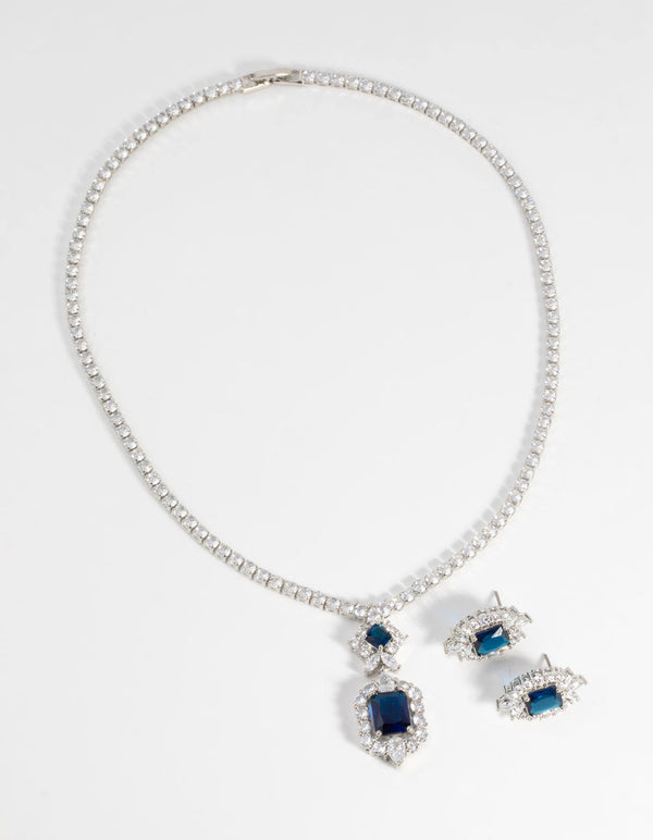 Sapphire Diamond Simulant Vintage Necklace and Earrings Set