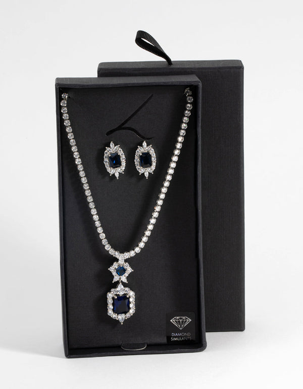 Sapphire Diamond Simulant Vintage Necklace and Earrings Set