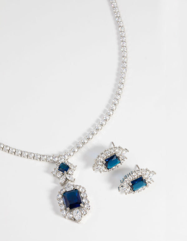 Sapphire Diamond Simulant Vintage Necklace and Earrings Set