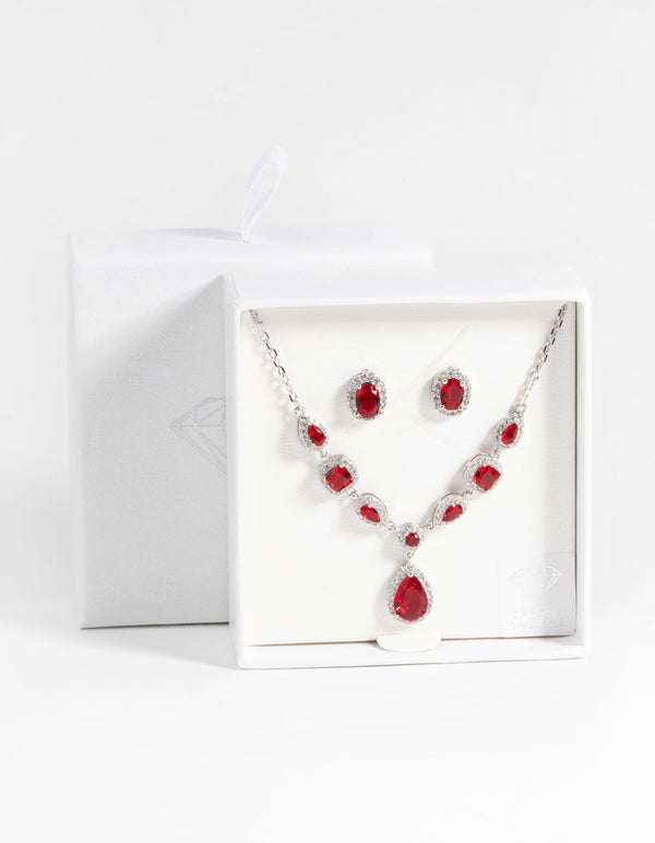 Ruby Diamond Simulant Oval Necklace and Earrings Set