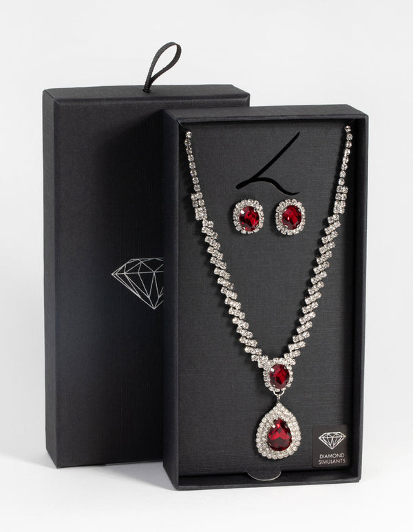 Ruby Diamond Simulant Necklace and Earrings Set