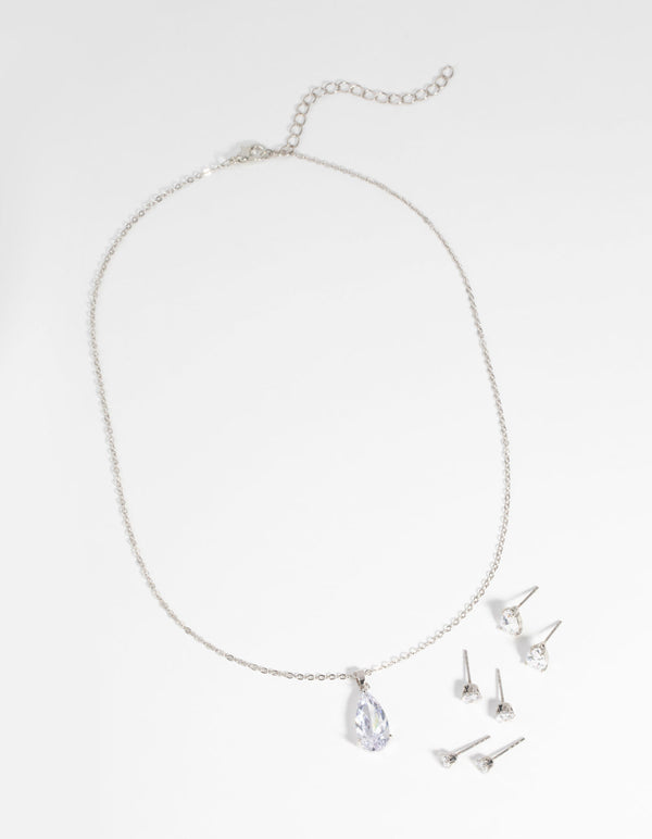 Rhodium Diamond Simulant Necklace and Earrings Set