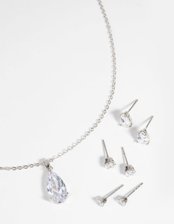 Rhodium Diamond Simulant Necklace and Earrings Set