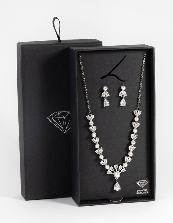 Rhodium Diamond Simulant Teardrop Necklace and Earrings
