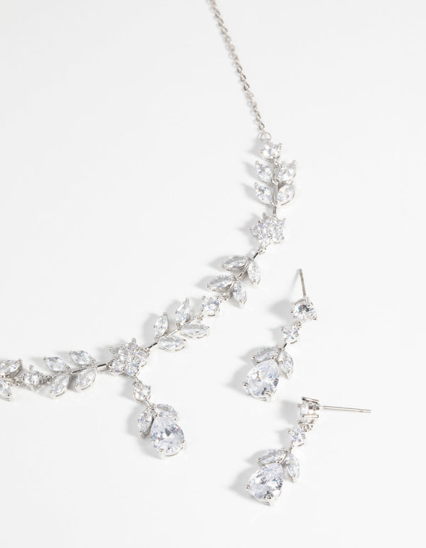 Rhodium Diamond Simulant Floral Necklace and Earrings Set