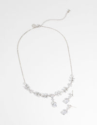 Rhodium Diamond Simulant Floral Necklace and Earrings Set - link has visual effect only
