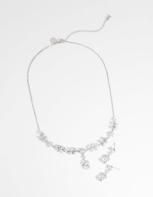 Rhodium Diamond Simulant Floral Necklace and Earrings Set