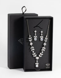 Rhodium Diamond Simulant Floral Necklace and Earrings Set - link has visual effect only
