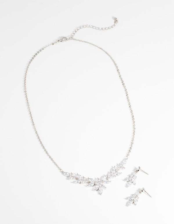 Rhodium Diamond Simulant Navette Necklace and Earrings Set