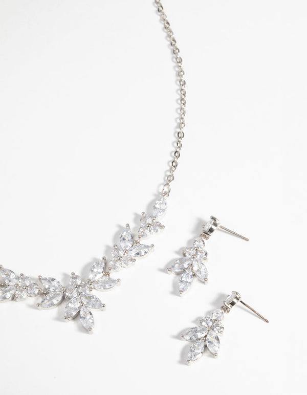 Rhodium Diamond Simulant Navette Necklace and Earrings Set