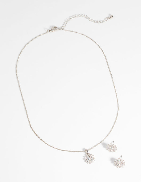 Rhodium Diamond Simulant Floral Necklace and Earrings Set