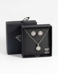 Rhodium Diamond Simulant Floral Necklace and Earrings Set - link has visual effect only