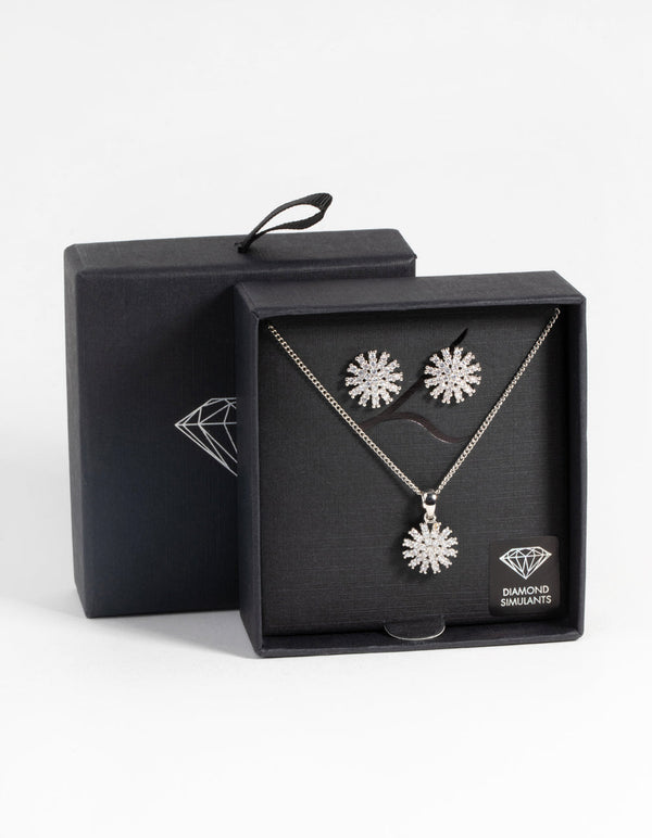 Rhodium Diamond Simulant Floral Necklace and Earrings Set