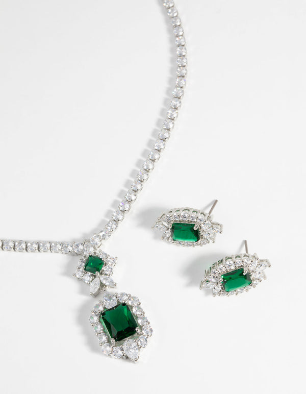 Vintage Emerald Diamond Simulant Necklace and Earrings Set